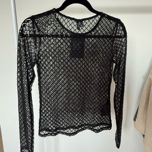 Black Mesh Sequence Long Sleeve Top